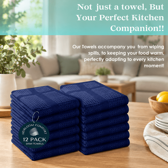 Indigo Blue 12 Pack Waffle Weave Cotton Kitchen Towels 16x26 Inches