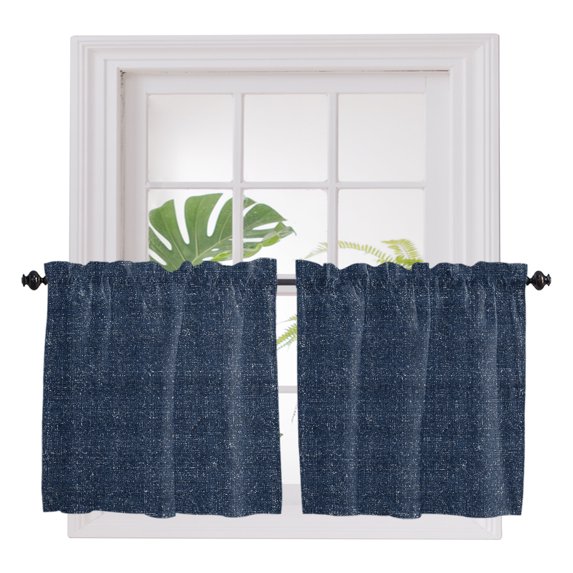 Indigo Blue 2 Panel Kitchen Curtains for Small Windows, Farmhouse Vintage Blue Solid Color Bathroom Tier Curtain, Short Window Treatment for Bedroom/Living Room 55"x24"