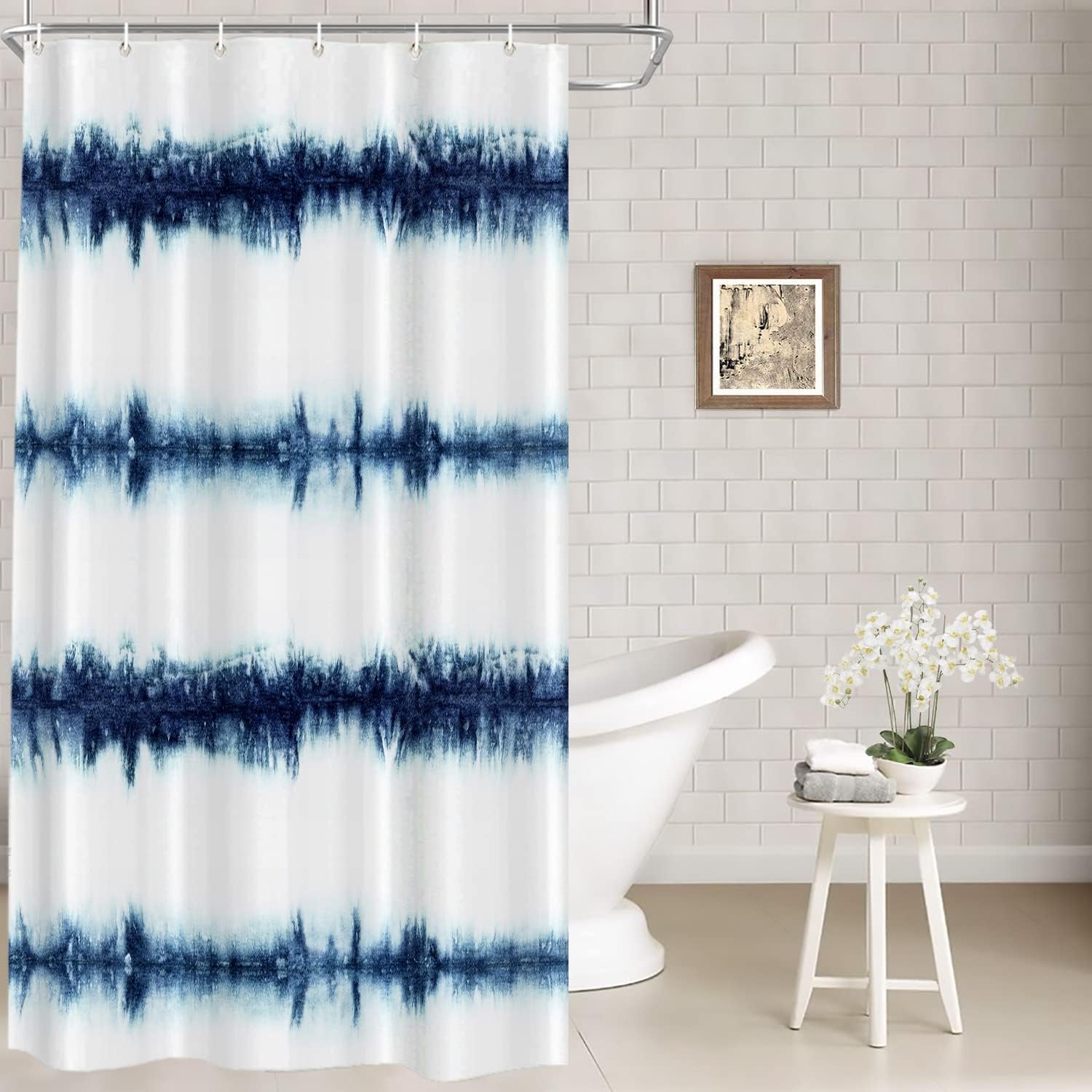 Indigo Blue Abstract Stripe Decor Shower Curtain,White Art Stripe