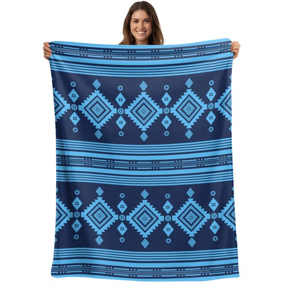 Indigo Blue Boho Southwestern Blanket Soft Cozy Warm Twin Blanket for Bed, Plush Fuzzy Flannel Blankets for Sofa, Vintage Ethnic Tribes Zigzag Tile Throw Blankets for Couch, Gifts 60"x80"