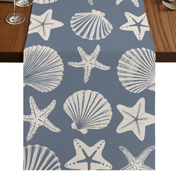 Indigo Blue Coastal Starfish Burlap Cotton Table Runner 13x36 Inches Short, Ocean Sea Shells Nautical Marine Farmhouse Table Runners, Outdoor Dining Tablecloths Decor for Baby Shower/Party/Wedding