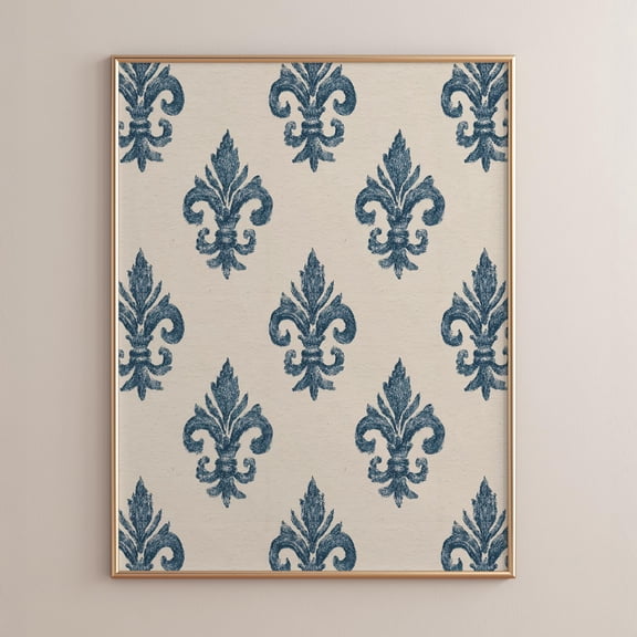 Indigo Blue Fleur-De-Lis Poster, Classic French Country Style, Vintage Farmhouse Wall Art, Neutral Rustic Decor, Cream , Poster Print Only