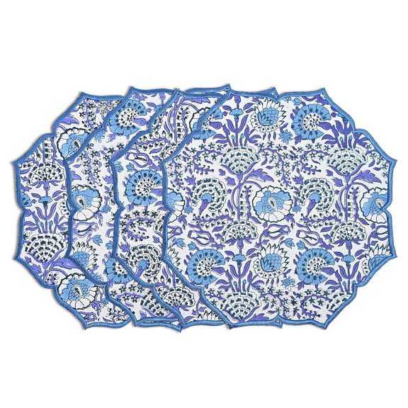 Indigo Blue Hand Block Print Table Place Mats, Set of 4, Handmade Double Layered Scalloped Embroidered