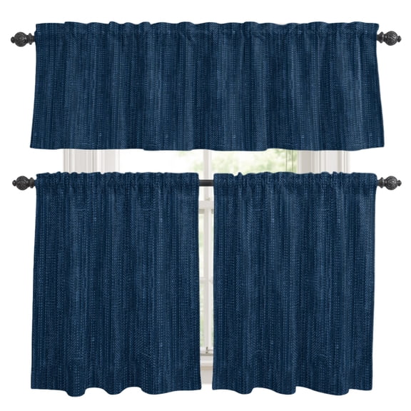 Indigo Blue Kitchen Curtains and Valances Set, Country Vintage Minimalist Solid Color Backdrop Rod Pocket Window Valance Window Curtain Panels for Living Room Bedroom Laundry, 27.5x24in, 3 Pieces