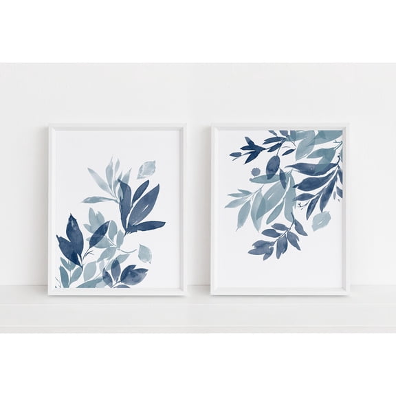 Indigo Blue Leaf Prints Set Of 2, Watercolor Botanical Wall Art