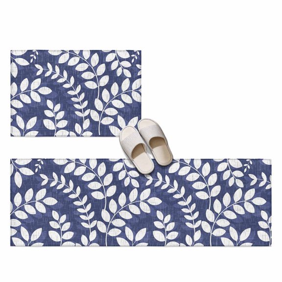 Indigo Blue Leaves 2 Pieces Non-Slip Kitchen Mat Set, Farmhouse Branch Botanical Summer Rustic Soft Door Mat with Rubber Backing, Dirtproof Rugs for Entrance Doorway, 23.6x35.4in+23.6x70.9in
