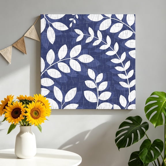 Indigo Blue Leaves Canvas Wall Art for Living Room, Farmhouse Branch Botanical Summer Rustic Poster Print Painting for Bedroom Office Home Decoration Wall Pictures Prepare To Hang 8"x8"