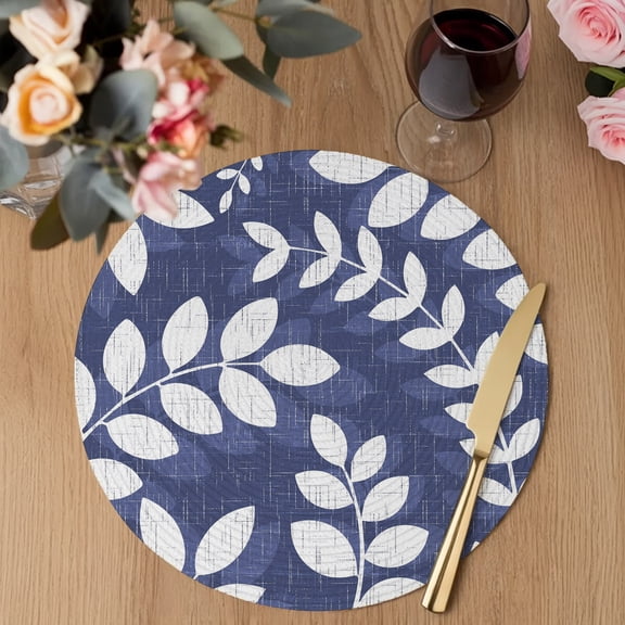 Indigo Blue Leaves Round Braided Placemats Set of 1, Farmhouse Branch Botanical Summer Rustic Heat Insulation Place Mats Washable Non-Slip Table Mats for Kitchen Dining Party, 13 Inches