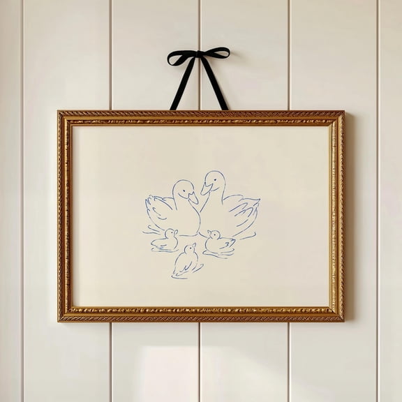 Indigo Blue Line Art Duck Family Portrait Vintage Mother Duck, Unframed Canvas 8x10in