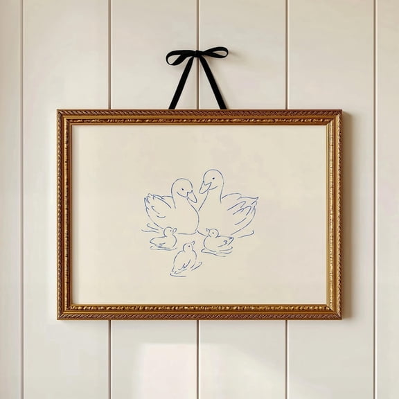 Indigo Blue Line Art Duck Family Portrait Vintage Mother Duck,, Unframed Canvas 8x10in