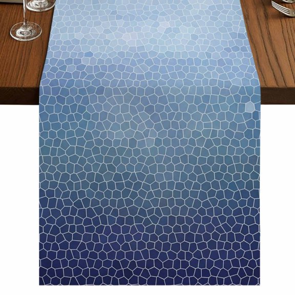 Indigo Blue Ombre Burlap Cotton Table Runner 13x72 Inches Long, Geometric Stained Glass Farmhouse Table Runners, Outdoor Dining Table Decor for Baby Shower/Party/Wedding