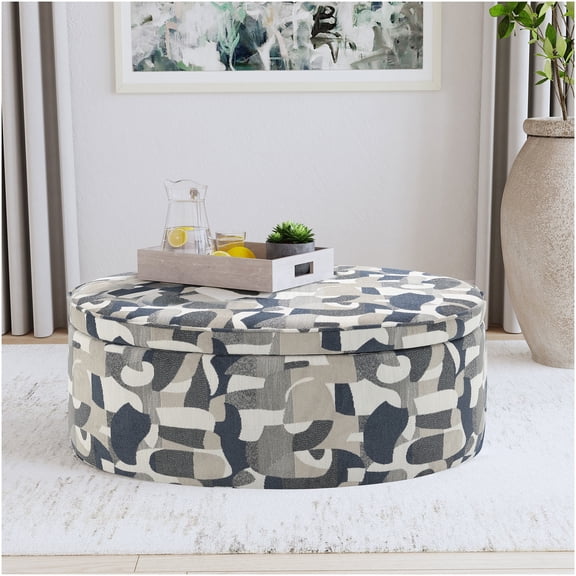Indigo Blue Oval Storage Ottoman Bench with Removable Lid for Living Room