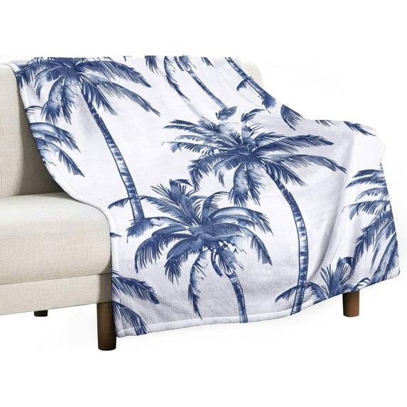 Indigo Blue Palm Tree Blanket Navy Blue Palm Tree Soft Warm Throw Blankets 30"x40" Flannel Cozy Warm Plush Lightweight Throw Blanket for Couch Bed Sofa Gift Idea