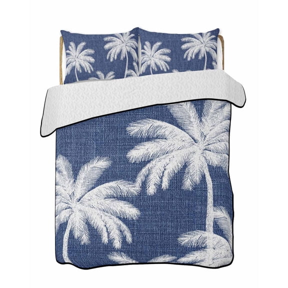 Indigo Blue Palm Trees 3 Piece Quilt Bedding Set with 2 Pillow Shams, Summer Beach Tropical Farmhouse Lightweight Bedspread Coverlet, Soft Breathable All Season Quilt, 79 x 90 Inch