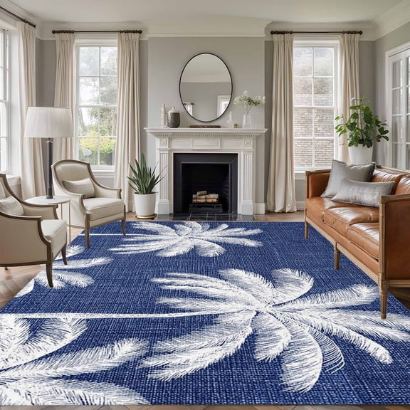 Indigo Blue Palm Trees 8'x10' Large Area Rug for Living Room Sectional Sofa, Summer Beach Tropical Farmhouse Washable Non Slip Low Pile Rectangle Area Rug