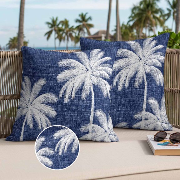Indigo Blue Palm Trees Outdoor Waterproof Throw Pillow Covers Set of 2, 26"x26", Summer Beach Tropical Farmhouse Decorative Pillow Covers Outside Cushion Case for Patio Porch Garden