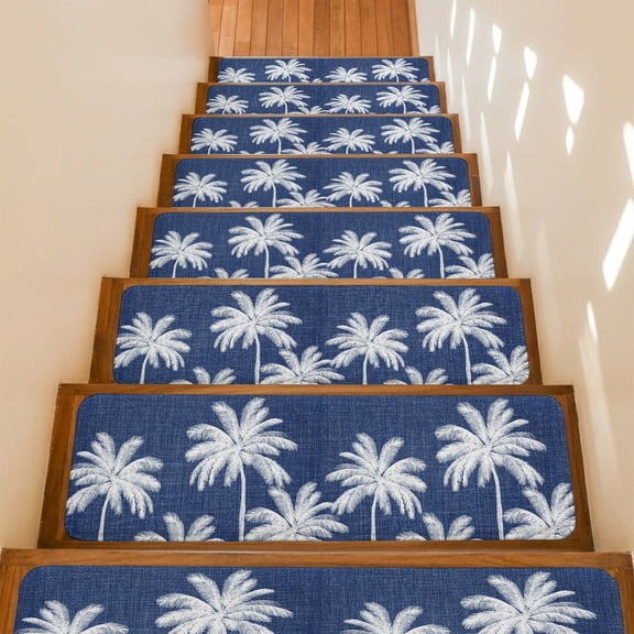 Indigo Blue Palm Trees Stair Treads Non Slip for Steps Summer Beach Tropical Farmhouse 4 Pcs Reusable Adhesive Stair Runner Mats for Dogs Elders Carpet Treads Rugs for Staircase 8x30 In