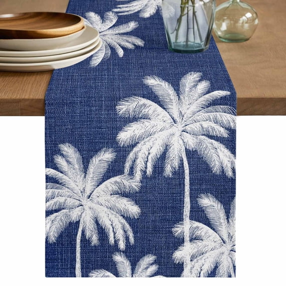 Indigo Blue Palm Trees Table Runner 70 Inches, Farmhouse Tropical Summer Beach Bed Runner Dresser Scarves Tabletop for Indoor Outdoor Parties/Ceremony/Banquet, 13" x 70"