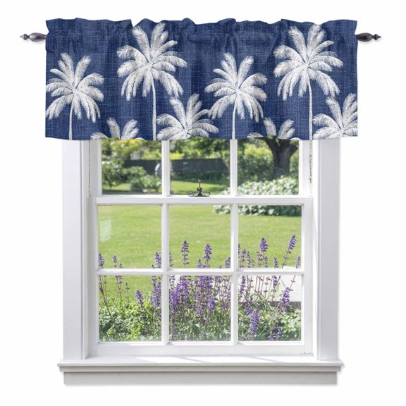 Indigo Blue Palm Trees Valances for Windows, Summer Beach Tropical Farmhouse Valance Window Treatment Rod Pocket Short Curtains Valances for Kitchen Bathroom 42"W x 12"L