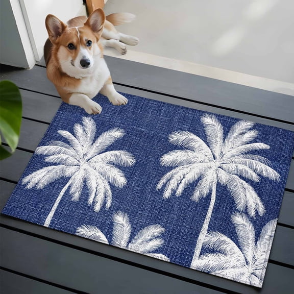 Indigo Blue Palm Trees Washable Entry Rug 2x3 Summer Beach Tropical Farmhouse Low Pile Indoor Door Mat with Rubber Backing Thin Area Rug for for Entrance, Bedroom, Kitchen, Laundry, Bathroom