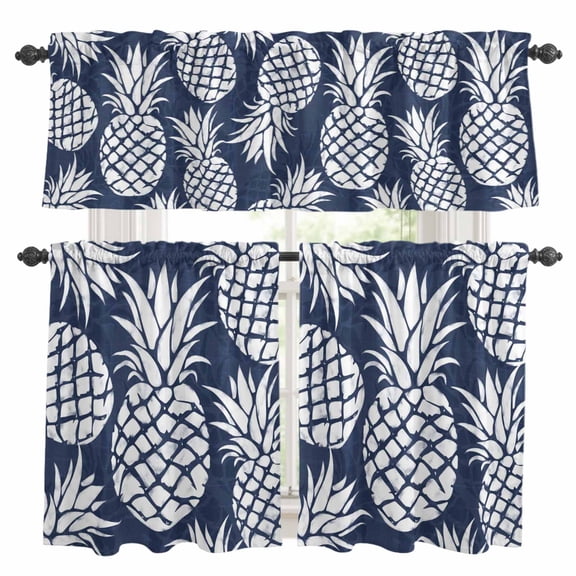 Indigo Blue Pineapple Kitchen Curtains Valances 3 Pcs Set, Summer Country Vintage Tropical Botanical Fruits Rod Pocket Tier Curtain and Valance Drapes for Small Window 36 Inch Length for Bedroom Cafe