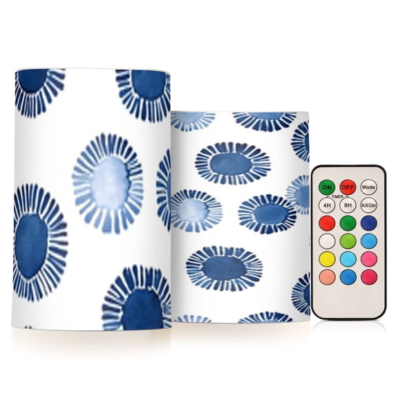 Indigo Blue Print on White Flickering Flameless Candles Battery Operated with Remote Timer LED Pillar Candles Set of 2