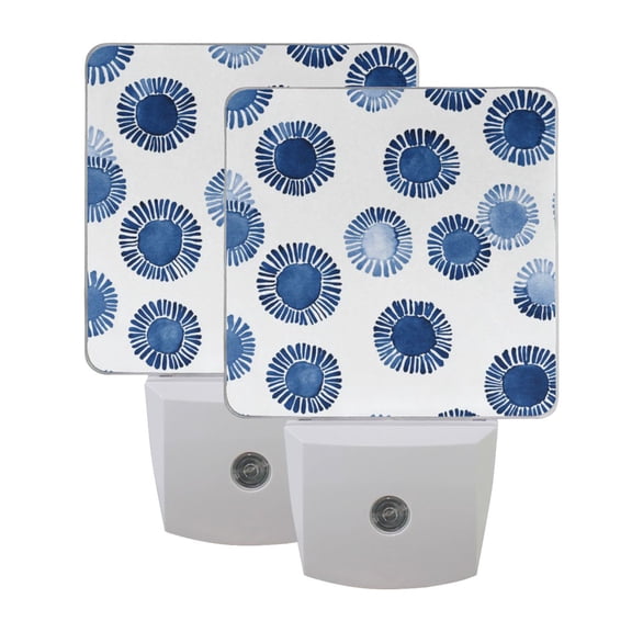 Indigo Blue Print on White LED Night Light with Smart Sensor Plug Into Wall Dusk to Dawn 2 packs