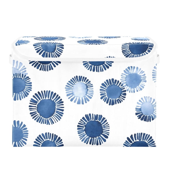 Indigo Blue Print on White Large Storage Bins with Linen Collapsible Lid Storage Box 16.7 x 12.6 x 11.8in