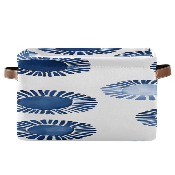 Indigo Blue Print on White Square Storage Bins with Handles Collapsible Containing Box 1 Pack