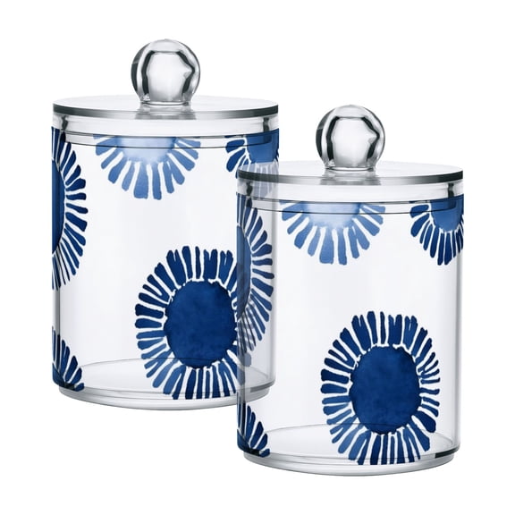 Indigo Blue Print on White Translucent Plastic Cans Storage Canisters with Lid Set of 2