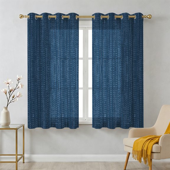 Indigo Blue Sheer Curtains 39 Inch Long 2 Panels, Country Vintage Minimalist Solid Color Backdrop Light Filtering Semi Sheer Drapes Grommet Voile Window Curtain for Living Bedroom W27.9 x L39