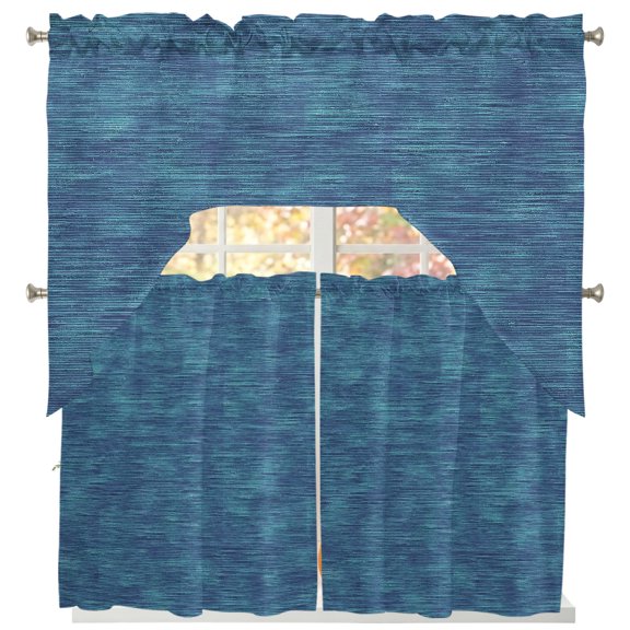 Indigo Blue Solid Color Swag Kitchen Curtains Sets for Windows 24 Inch Length, Minimalist Vintage Linen Texture Short Window Curtain Panels Swags Valances and Tiers 3 Piece Set for Cafe/Dining Room