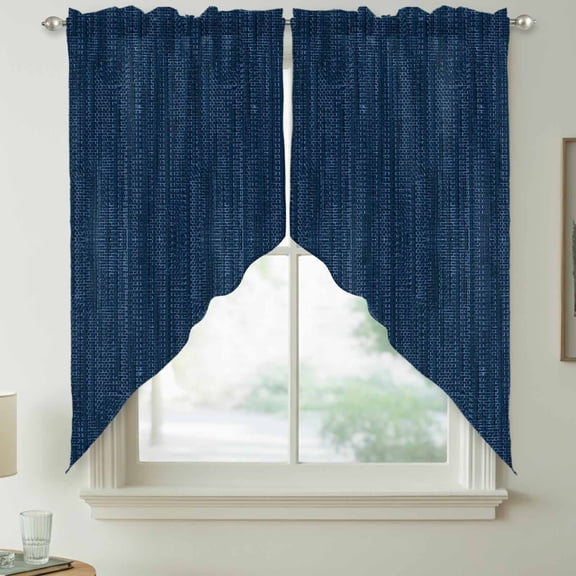 Indigo Blue Swag Kitchen Curtain Valances, Country Vintage Minimalist Solid Color Backdrop Rod Pocket Curtains Window Treatment Decor Valances for Bedroom Bathroom, 2 Panels 28 x 36 Inch