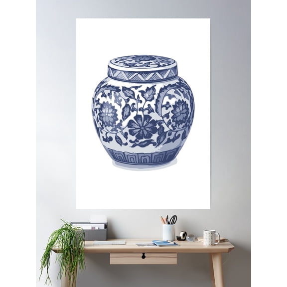Indigo Blue White Hamptons Ginger Jar Chinoiserie Vase Art Poster Wall Art, Modern Wall Decor For Living Room Bedroom, 8x12 UNFRAMED
