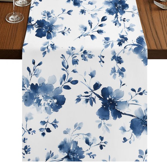 Indigo Blue Wildflower Burlap Cotton Table Runner 13x72 Inches Long, Classic Florals Farmhouse Botanical Farmhouse Table Runners, Outdoor Dining Tablecloths Decor for Baby Shower/Party/Wedding