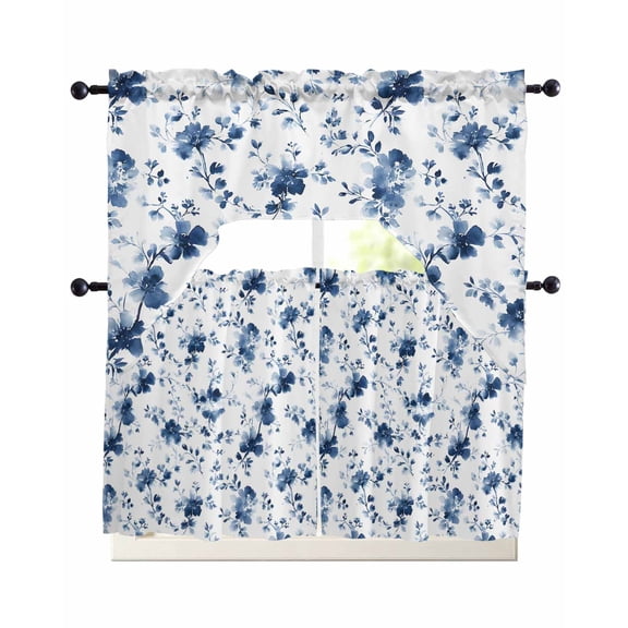 Indigo Blue Wildflower Kitchen Curtains Sets for Windows 3 Piece, Classic Florals Farmhouse Botanical Kitchen Curtains and Valances Tier Set 24 Inch Length Swag Curtain for Living Room Cafe Bathroom
