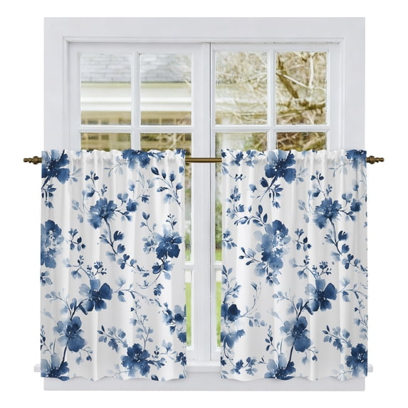 Indigo Blue Wildflower Tier Curtains 54 Inch Length, Classic Florals Farmhouse Botanical Cafe Short Curtains for Bathroom Over Sink, Small Kitchen Curtain Light Filtering Drapes 2 Panels 27.5"Wx54"L