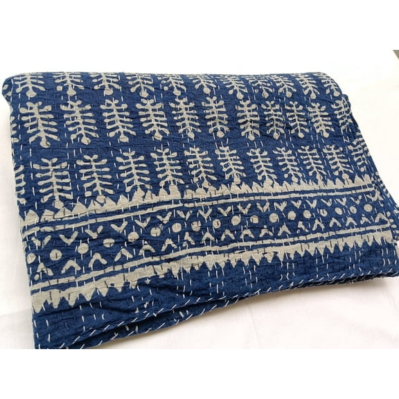 A And E Textiles House Indigo Blue Kantha Quilt, Blue Floral Print, Cotton, Full Size Queen