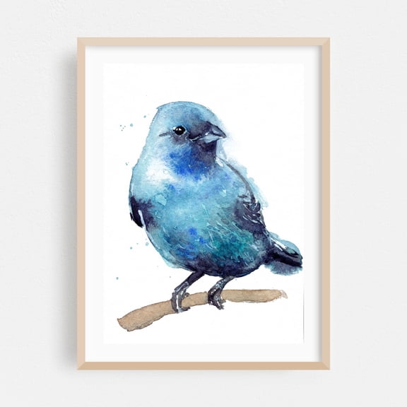 Indigo Bunting - Painting Bird Watercolor Animal Wildlife Illustration Nature Oak Framed Wall Art Print 5 x 7 inches