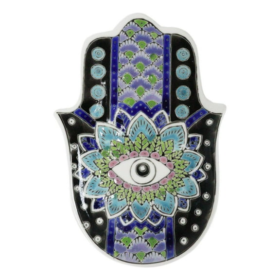 Indigo Chakra Hamsa Palm Mandala and Evil Eye Ceramic Dish Brass Incense Holder