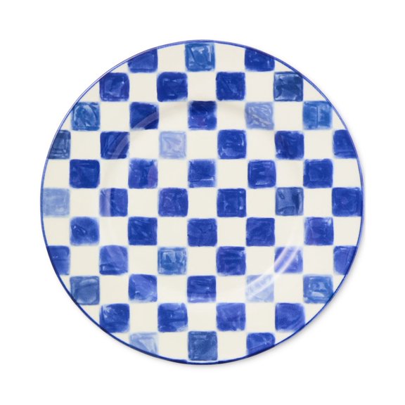 Indigo Check Round Stoneware Platter