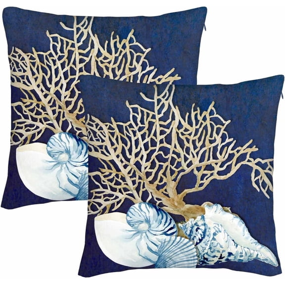 Indigo Coral Seashells Whelks Set of 2 18X18 Inch Throw Pillow Covers Ocean Marine Reef Aquatic Plant Oil Nautical Pillow Cases Designer Deco Home for Living Room Bedroom Sofa Office Coffee