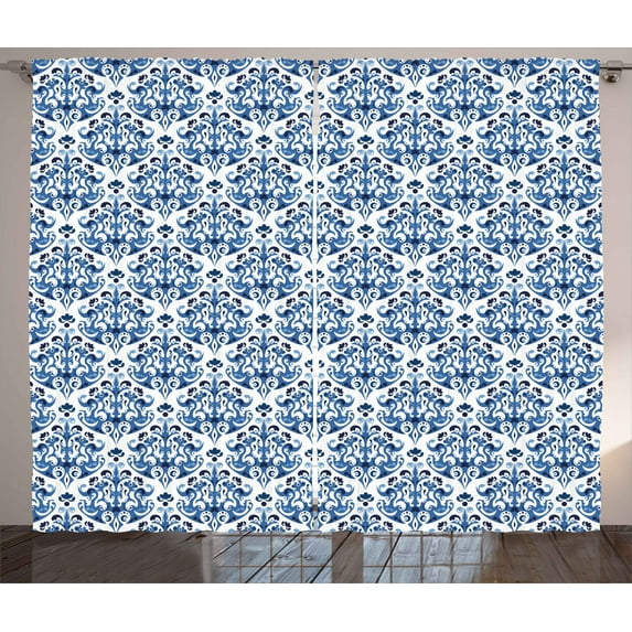 Ambesonne Blue Curtains 2 Panel Set, Indigo Victorian Design, 108" x 96", Petrol Blue Turquoise