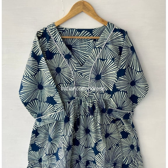 Indigo Dabu Flower Printed Dresses,Floral block Print Cotton Handmade Dress, Sketer Circle Dress, Flapper Dress, Blousen Dress ,Short Dress