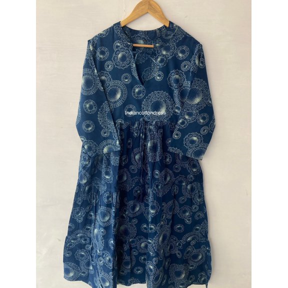 Indigo Dabu Printed Cotton Dress mini maxi dress - beach summer mini dress Handblock Printed Dresses