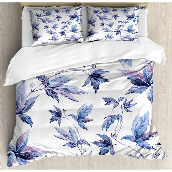 Indigo Duvet Cover Set, Abstract Grunge Watercolored Hand Drawn Image Shadow Tree Leaves, Decorative 3 Piece Bedding Set with 2 Pillow Shams, King Size, Dark Blue Purple, by Ambesonne