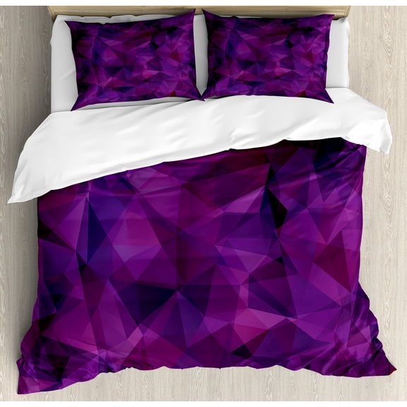 Indigo Duvet Cover Set, Broken Glass Inspired Geometric Triangle Abstract Shapes Computer Graphics, Decorative 3 Piece Bedding Set with 2 Pillow Shams, King Size, Eggplant Burgundy, by Ambesonne