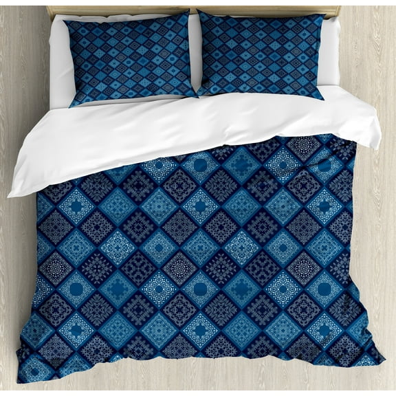 Indigo Duvet Cover Set, Floral Detailed Squares Patchwork Inspired Image, Decorative 3 Piece Bedding Set with 2 Pillow Shams, Calking Size, Turquoise Navy Blue, by Ambesonne