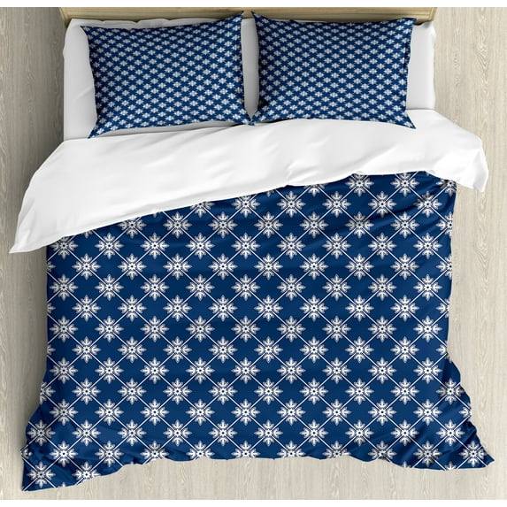 Indigo Duvet Cover Set, Greek House Tile Inspired Design with Floral Flower Leaf Details, Decorative 3 Piece Bedding Set with 2 Pillow Shams, Calking Size, Navy Blue and White, by Ambesonne