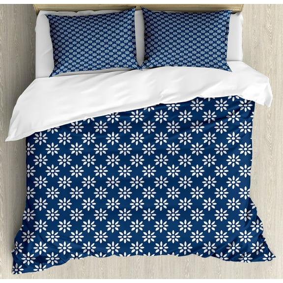 Indigo Duvet Cover Set, Greek House Tile Inspired Image Spring Daisy Like Floral Details, Decorative 3 Piece Bedding Set with 2 Pillow Shams, King Size, Navy Blue and White, by Ambesonne